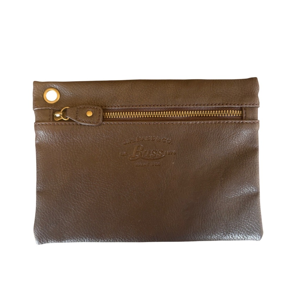 GH Bass & Co Brown Faux Leather Zippered‎ Pouch Organizer Bag Brass Hardware